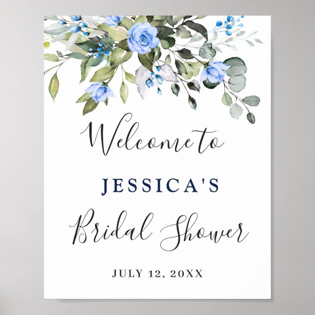 Elegant Eucalyptus Blue Roses Bridal Shower Poster (Front)