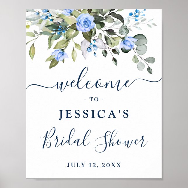 Elegant Eucalyptus Blue Roses Bridal Shower Poster (Front)