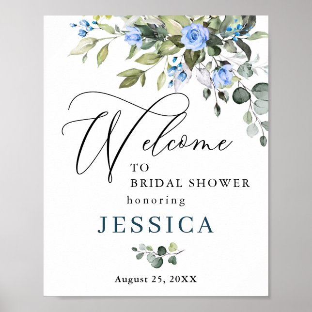 Elegant Eucalyptus Blue Roses Bridal Shower Poster (Front)