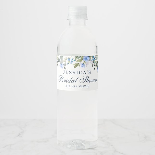 Elegant Eucalyptus Blue Roses Bridal Shower Water Bottle Label (Front)