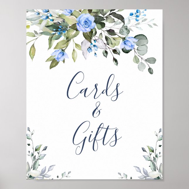 Elegant Eucalyptus Blue Roses Cards and Gifts Poster (Front)