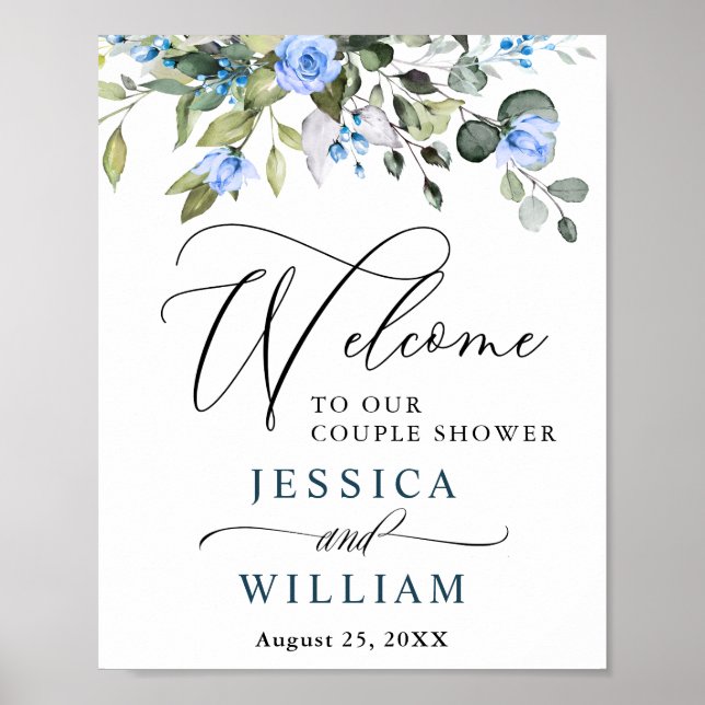 Elegant Eucalyptus Blue Roses Couple Shower Poster (Front)