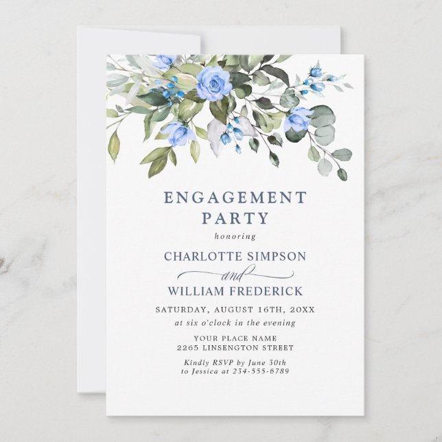 Elegant Eucalyptus Blue Roses ENGAGEMENT PARTY Invitation (Front)