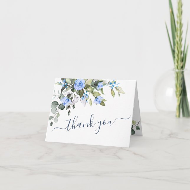 Elegant Eucalyptus Blue Roses Floral Botanical Thank You Card (Front)
