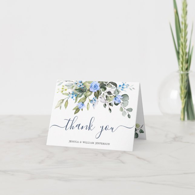 Elegant Eucalyptus Blue Roses Floral Botanical Thank You Card (Front)