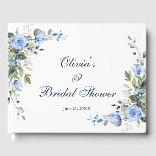 Elegant Eucalyptus Blue Roses Floral Bridal Shower Guest Book