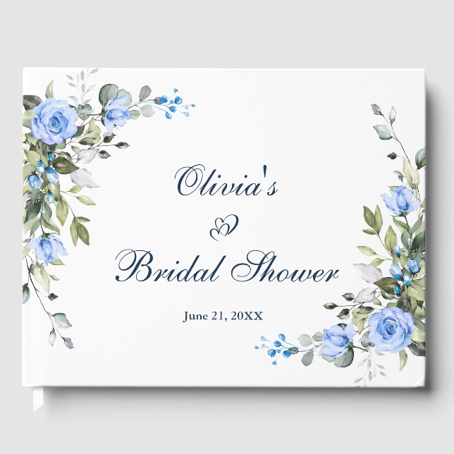 Elegant Eucalyptus Blue Roses Floral Bridal Shower Guest Book (Front)