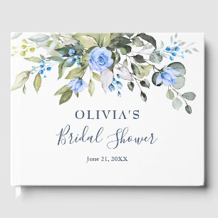 Elegant Eucalyptus Blue Roses Floral Bridal Shower Guest Book