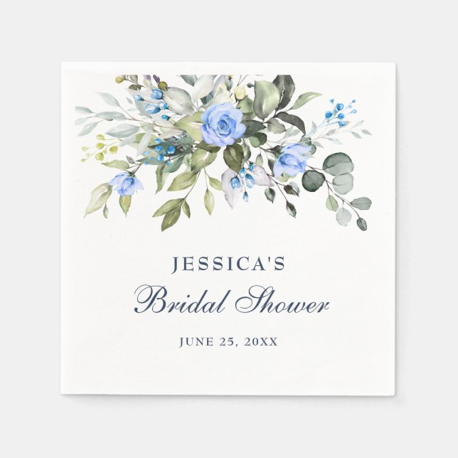 Elegant Eucalyptus Blue Roses Floral Bridal Shower Napkin (Front)