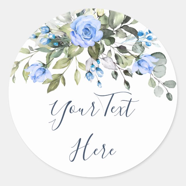 Elegant Eucalyptus Blue Roses Floral Greenery Classic Round Sticker (Front)