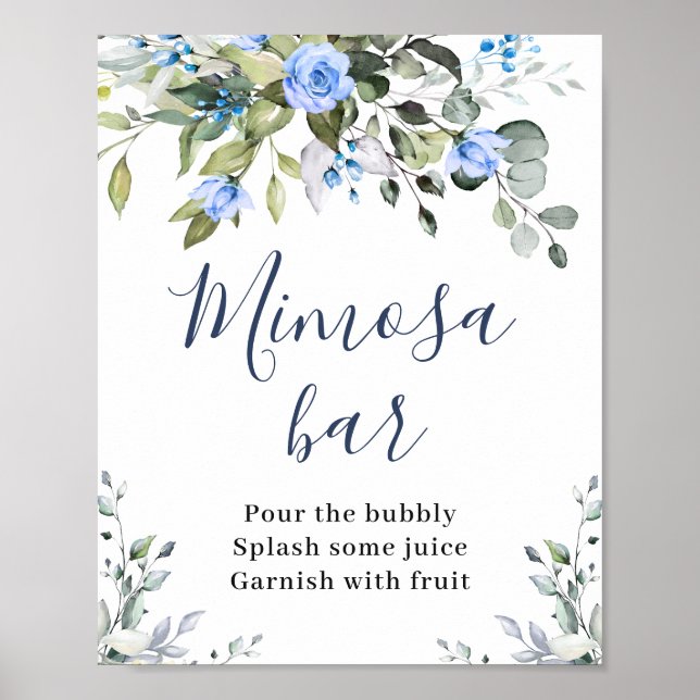 Elegant Eucalyptus Blue Roses Floral Mimosa Bar Poster (Front)