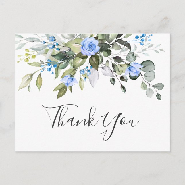Elegant Eucalyptus Blue Roses Floral Thank You Postcard (Front)