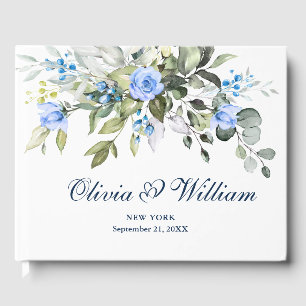 Elegant Eucalyptus Blue Roses Floral Wedding Guest Book