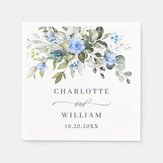 Elegant Eucalyptus Blue Roses Floral Wedding Napkin (Front)