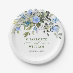 Elegant Eucalyptus Blue Roses Floral Wedding Paper Plate