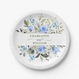 Elegant Eucalyptus Blue Roses Floral Wedding Paper Plate