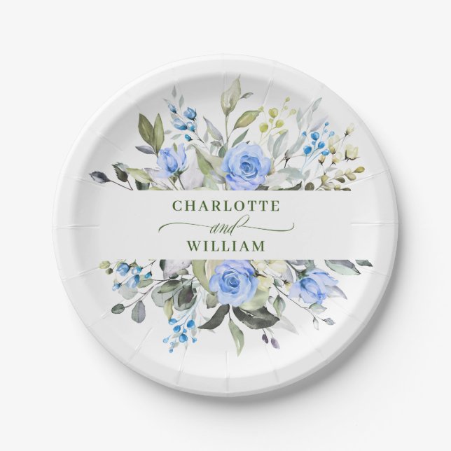 Elegant Eucalyptus Blue Roses Floral Wedding Paper Plate (Front)