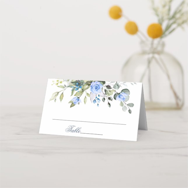 Elegant Eucalyptus Blue Roses Floral Wedding Place Card (Front)
