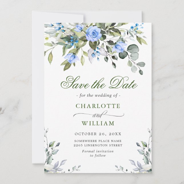 Elegant Eucalyptus Blue Roses Floral Wedding Save The Date (Front)