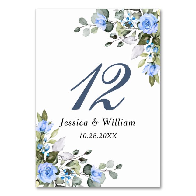 Elegant Eucalyptus Blue Roses Floral Wedding Table Number (Front)