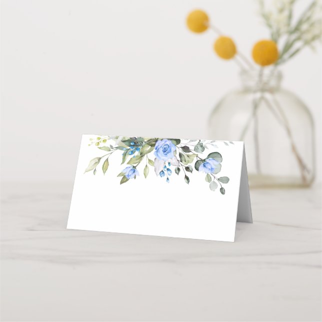 Elegant Eucalyptus Blue Roses Floral Wedding Table Place Card (Front)