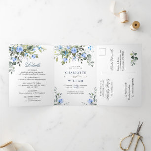 Elegant Eucalyptus Blue Roses Greenery Wedding Tri-Fold Invitation