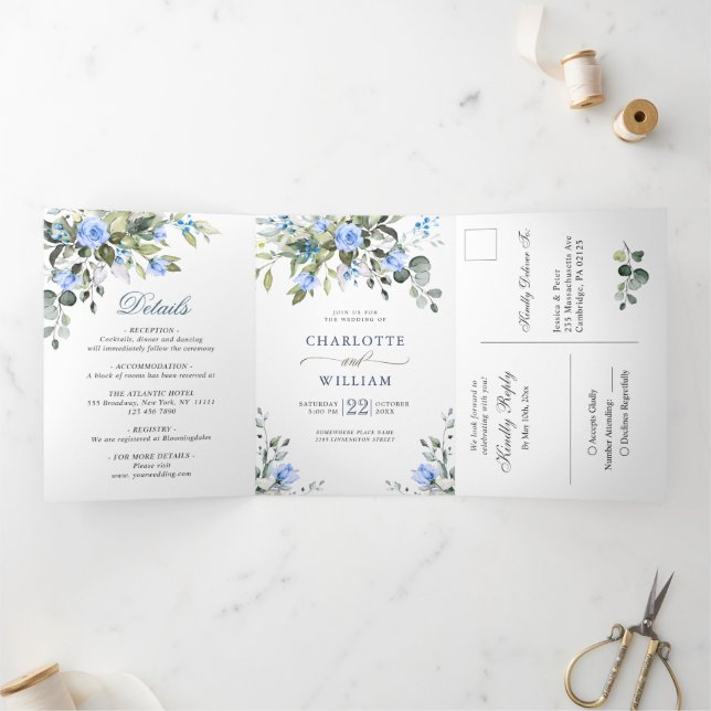 Elegant Eucalyptus Blue Roses Greenery Wedding Tri-Fold Invitation (Inside)