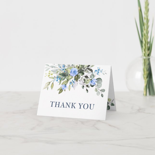 Elegant Eucalyptus Blue Roses Simple Botanical Thank You Card (Front)