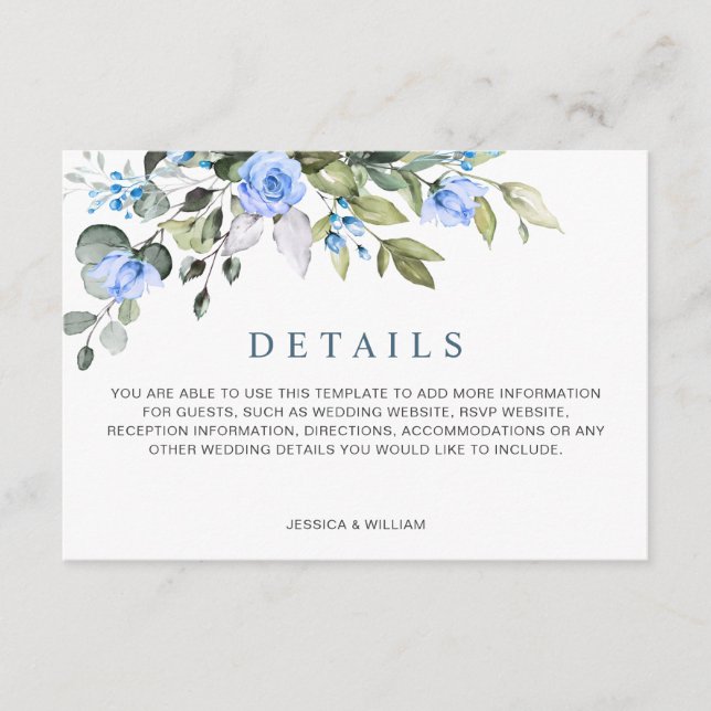 Elegant Eucalyptus Blue Roses Wedding Details Enclosure Card (Front)