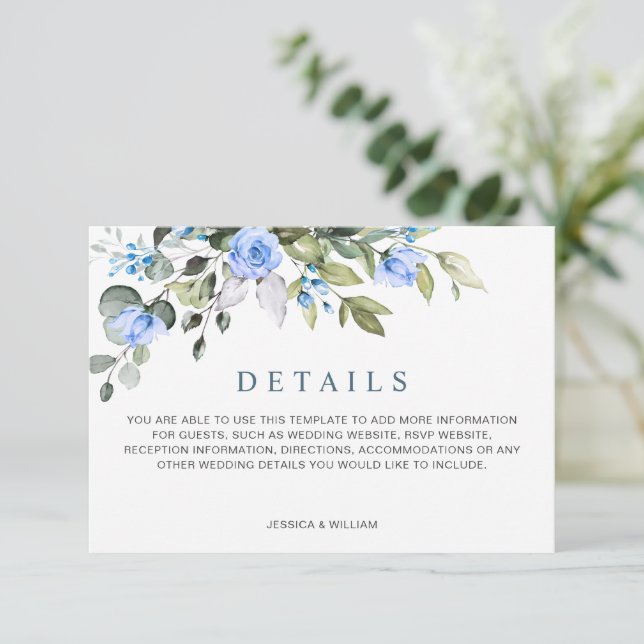 Elegant Eucalyptus Blue Roses Wedding Details Enclosure Card (Standing Front)