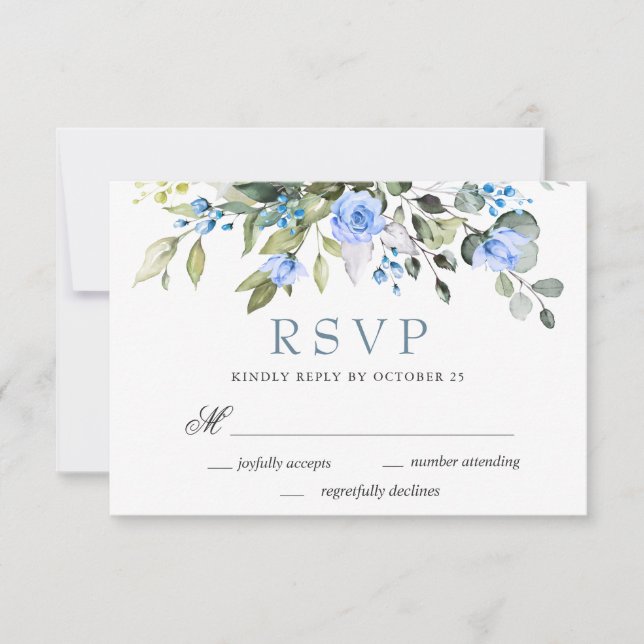 Elegant Eucalyptus Blue Roses Wedding RSVP Card (Front)