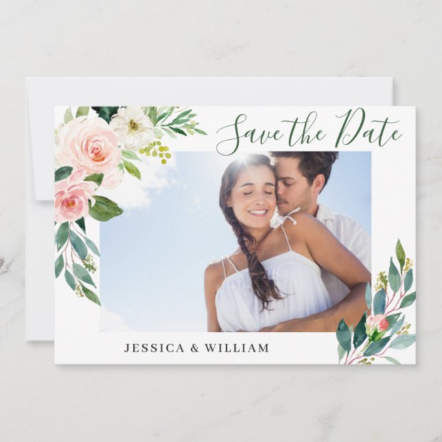 Elegant Eucalyptus Blush Pink Flower Wedding PHOTO Save The Date (Front)