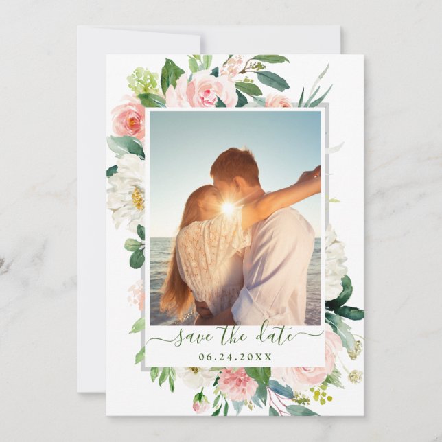 Elegant Eucalyptus Blush Pink Flower Wedding PHOTO Save The Date (Front)