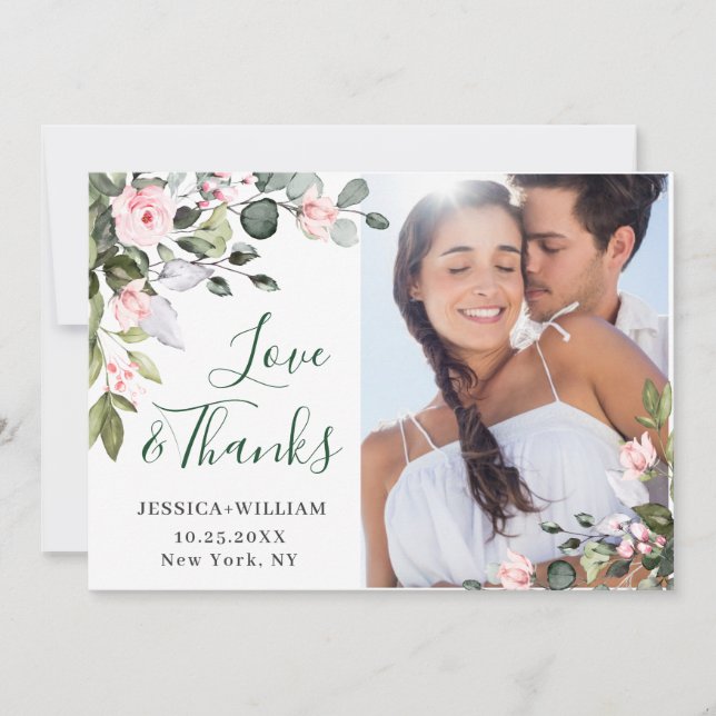 Elegant Eucalyptus Blush Pink Roses 4 PHOTO Thank You Card (Front)