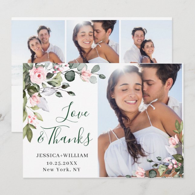 Elegant Eucalyptus Blush Pink Roses 4 PHOTO Thank You Card (Front/Back)