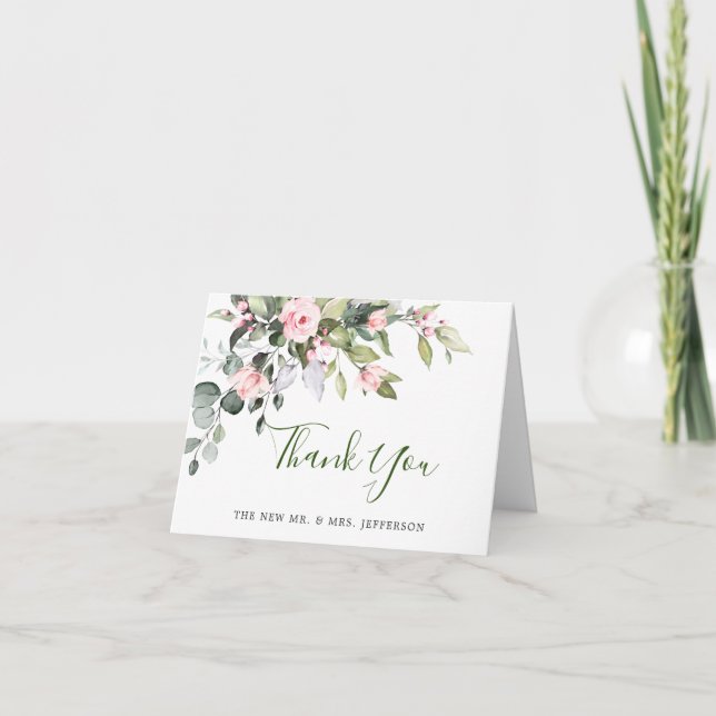 Elegant Eucalyptus Blush Pink Roses Boho Wedding Thank You Card (Front)