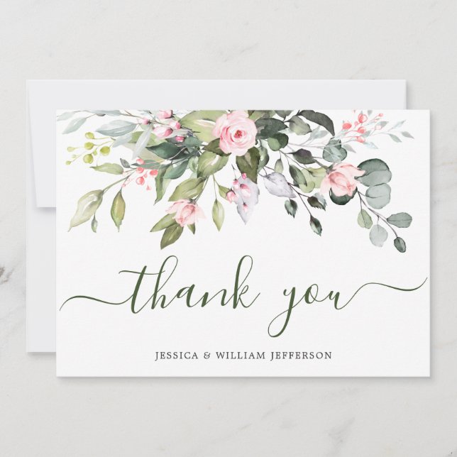 Elegant Eucalyptus Blush Pink Roses Floral Thank You Card (Front)