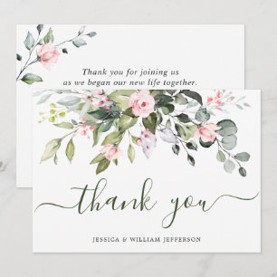 Elegant Eucalyptus Blush Pink Roses Floral Thank You Card
