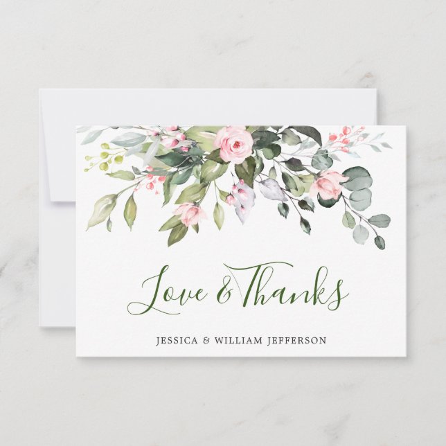 Elegant Eucalyptus Blush Pink Roses Floral Thank You Card (Front)