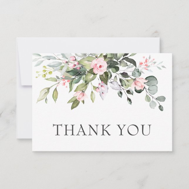 Elegant Eucalyptus Blush Pink Roses Floral Wedding Thank You Card (Front)