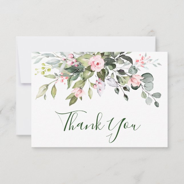 Elegant Eucalyptus Blush Pink Roses Floral Wedding Thank You Card (Front)
