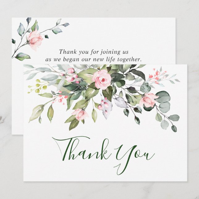 Elegant Eucalyptus Blush Pink Roses Floral Wedding Thank You Card (Front/Back)