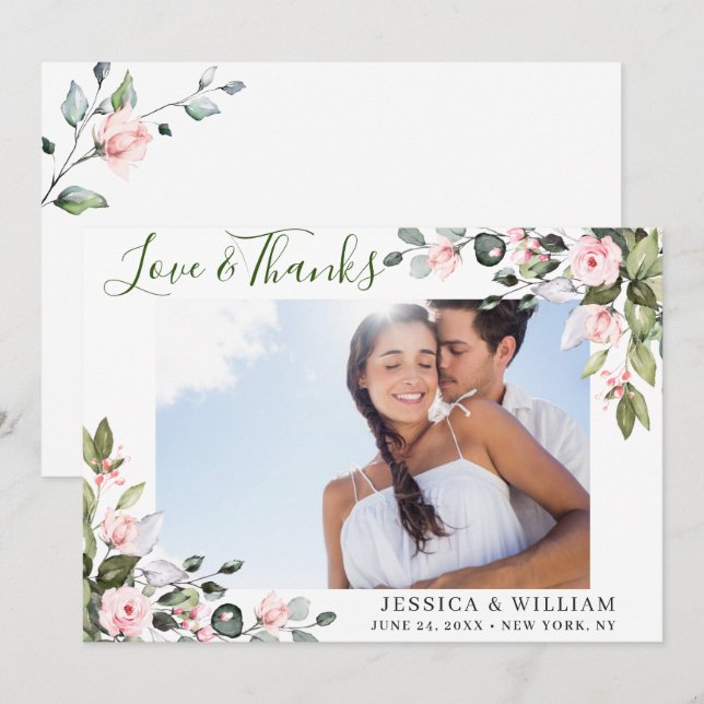 Elegant Eucalyptus Blush Pink Roses PHOTO Thank You Card (Front/Back)