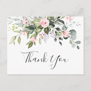 Elegant Eucalyptus Blush Pink Roses Thank You Postcard