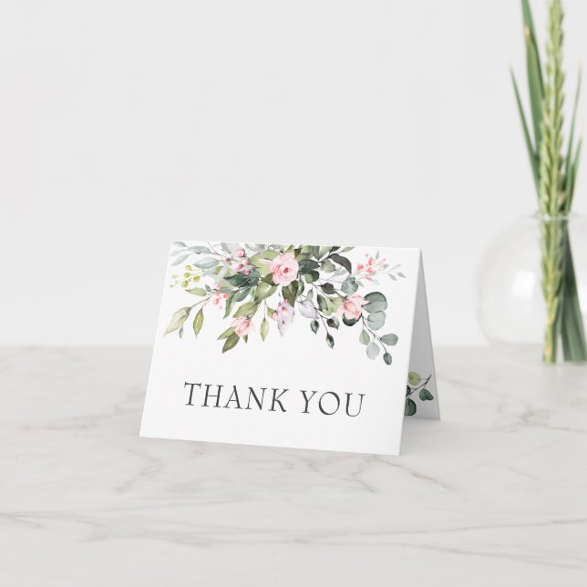 Elegant Eucalyptus Blush Pink Roses Wedding Thank You Card (Front)
