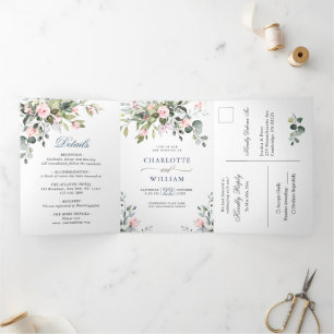 Elegant Eucalyptus Blush Pink Roses Wedding Tri-F Tri-Fold Invitation