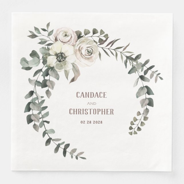 Elegant Eucalyptus Blush Ranunculus Roses Anemone Napkin (Front)