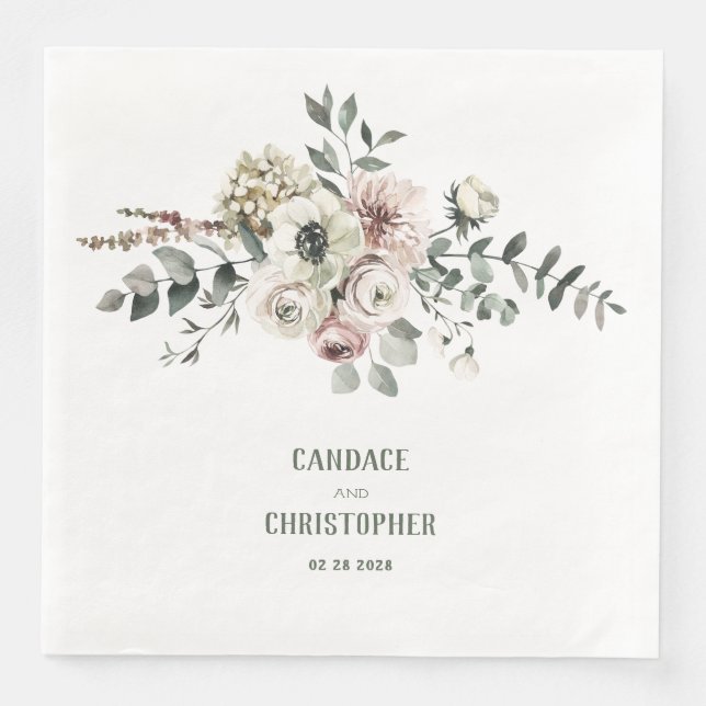 Elegant Eucalyptus Blush Rose White Hydrangea Napkin (Front)
