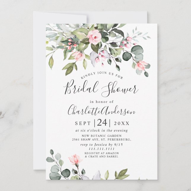 Elegant Eucalyptus Blush Roses Bridal  Shower Invitation (Front)