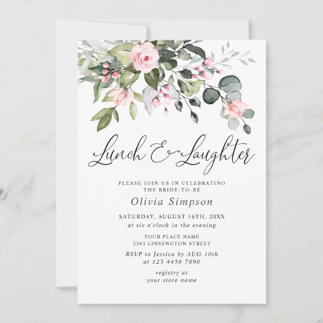 Elegant Eucalyptus Blush Roses BRIDAL SHOWER Invitation (Front)